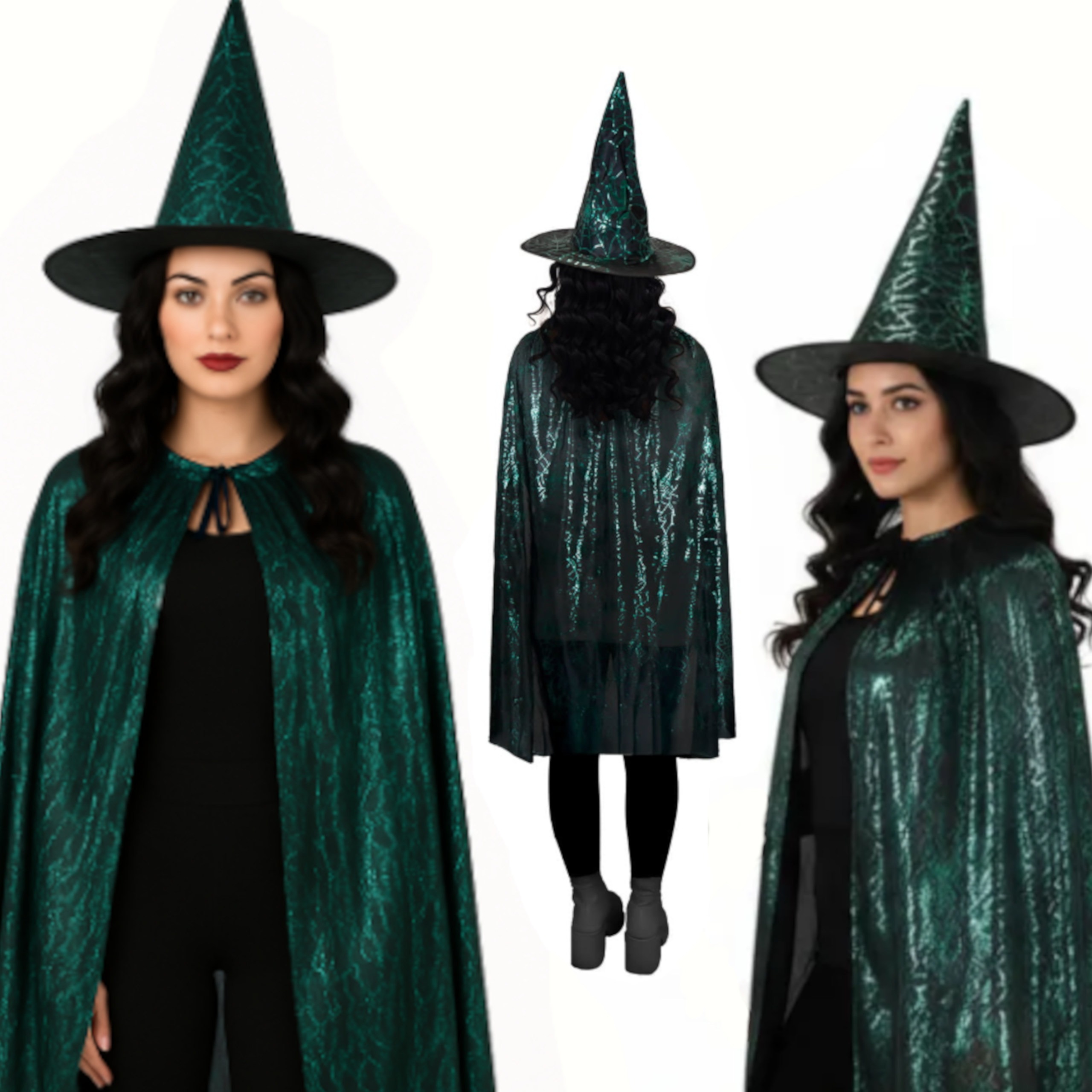 ZESTAW CZAROWNICA ZIELONA KAPELUSZ PELERYNA