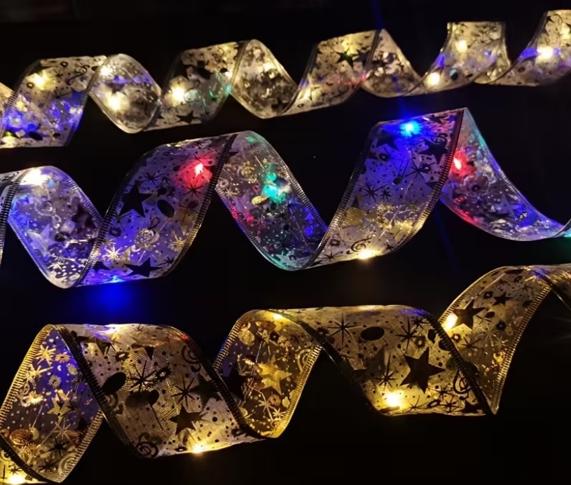 TAŚMA ORGANZA NA CHOINKĘ LAMPKI LED ZŁOTE - obrazek 4