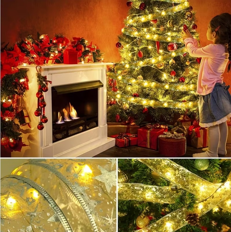 TAŚMA ORGANZA NA CHOINKĘ LAMPKI LED ZŁOTE - obrazek 5