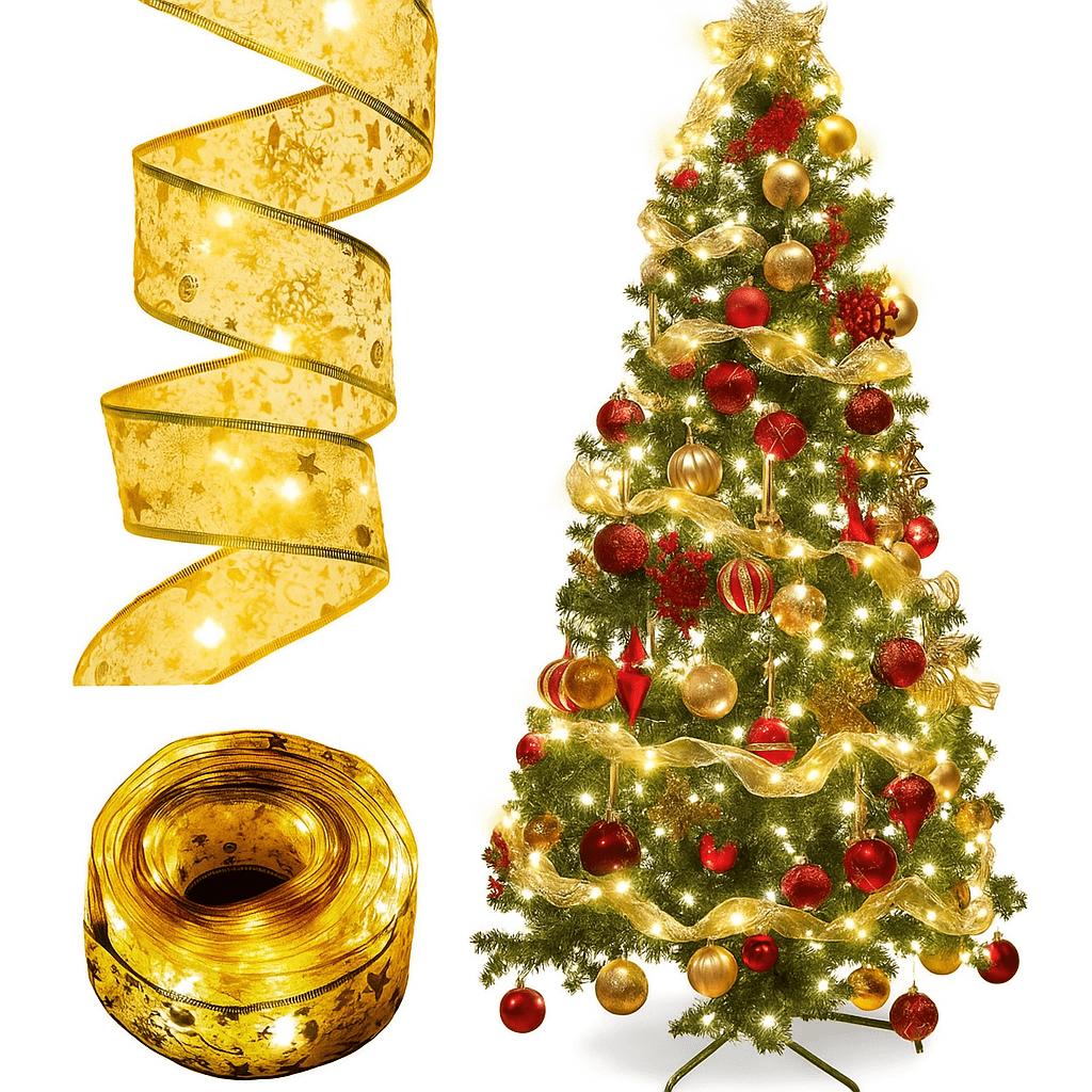 TAŚMA ORGANZA NA CHOINKĘ LAMPKI LED ZŁOTE