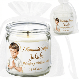 PERSONALIZOWANE PODZIĘKOWANIE NA KOMUNIĘ DLA GOŚCI: ŚWIECA ZAPACHOWA / wzór: BOHO CHŁOPIEC