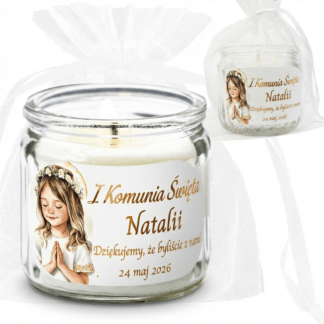 PERSONALIZOWANE PODZIĘKOWANIE NA KOMUNIĘ DLA GOŚCI: ŚWIECA ZAPACHOWA / wzór: BOHO DZIEWCZYNKA