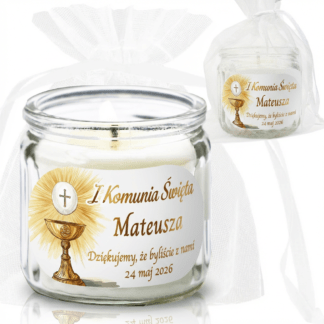 PERSONALIZOWANE PODZIĘKOWANIE NA KOMUNIĘ DLA GOŚCI: ŚWIECA ZAPACHOWA / wzór: KIELICH