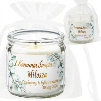 PERSONALIZOWANE PODZIĘKOWANIE NA KOMUNIĘ DLA GOŚCI: ŚWIECA ZAPACHOWA / wzór: BOHO