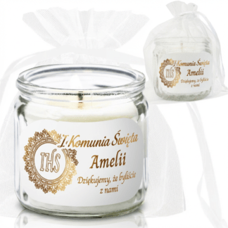 PERSONALIZOWANE PODZIĘKOWANIE NA KOMUNIĘ DLA GOŚCI: ŚWIECA ZAPACHOWA / wzór: IHS