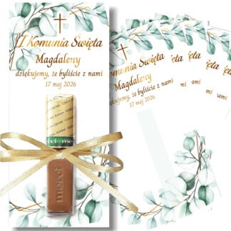 PERSONALIZOWANE PODZIĘKOWANIE NA KOMUNIĘ DLA GOŚCI: MERCI BILECIKI / wzór: BOHO / 5 szt