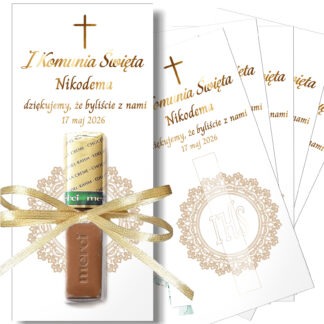 PERSONALIZOWANE PODZIĘKOWANIE NA KOMUNIĘ DLA GOŚCI: MERCI BILECIKI / wzór: IHS / 5 szt