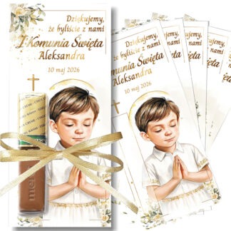 PERSONALIZOWANE PODZIĘKOWANIE NA KOMUNIĘ DLA GOŚCI: MERCI BILECIKI / wzór: BOHO CHŁOPIEC / 5 szt