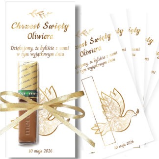 PERSONALIZOWANE PODZIĘKOWANIE NA CHRZEST DLA GOŚCI: MERCI BILECIKI / wzór: GOŁĄBEK / 5 szt