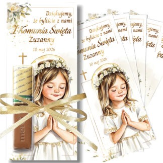 PERSONALIZOWANE PODZIĘKOWANIE NA KOMUNIĘ DLA GOŚCI: MERCI BILECIKI / wzór: BOHO DZIEWCZYNKA / 5 szt