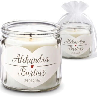 PERSONALIZOWANE PODZIĘKOWANIE ŚLUBNE DLA GOŚCI: ŚWIECA ZAPACHOWA / wzór: MINI SERDUSZKO