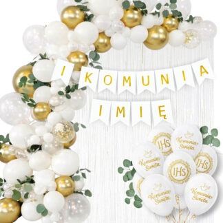 ZESTAW DEKORACJI KOMUNIJNYCH GIRLANDA BALONOWA Z EUKALIPTUSEM I BANEREM Z IMIENIEM