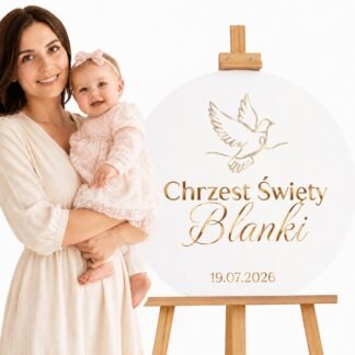 TABLICA PERSONALIZOWANA NA CHRZEST BIAŁO-ZŁOTA Z IMIENIEM / wzór: GOŁĄBEK