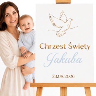 TABLICA PERSONALIZOWANA NA CHRZEST NIEBIESKA Z IMIENIEM / wzór: GOŁĄBEK / wym. 40x50cm