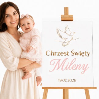 TABLICA PERSONALIZOWANA NA CHRZEST RÓŻOWA Z IMIENIEM / wzór: GOŁĄBEK / wym. 40x50cm