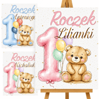 TABLICA POWITALNA NA ROCZEK 1 MIŚ RÓŻOWA/NIEBIESKA