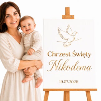 TABLICA PERSONALIZOWANA NA CHRZEST BIAŁO-ZŁOTA Z IMIENIEM / wzór: GOŁĄBEK / wym. 40x50cm