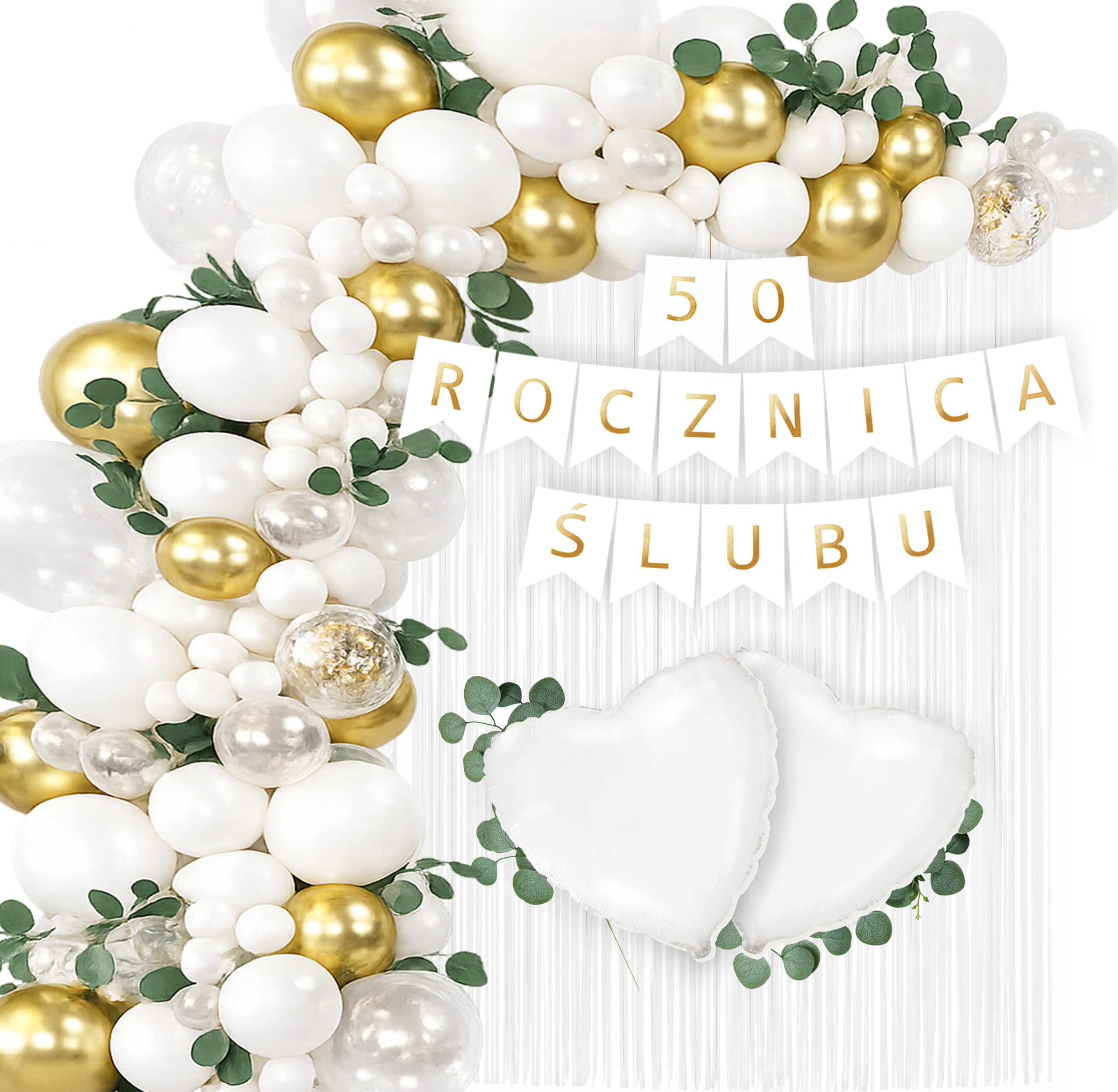 ZESTAW DEKORACJI GIRLANDA BALONOWA Z EUKALIPTUSEM I BANEREM ROCZNICA ŚLUBU