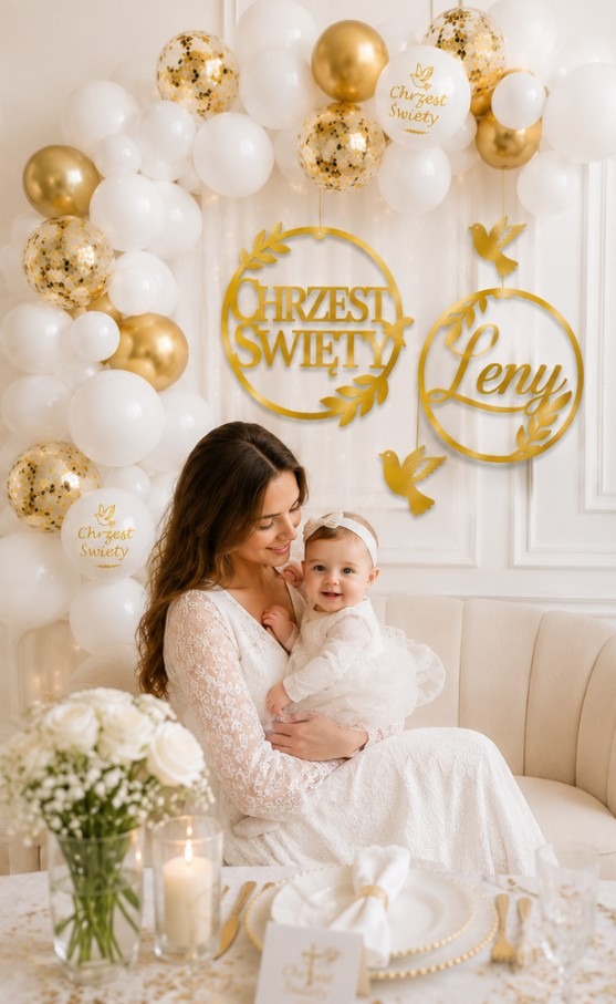 GIRLANDA NA CHRZEST BIAŁA ZŁOTA IMIĘ ZŁOTE KOŁA - obrazek 5