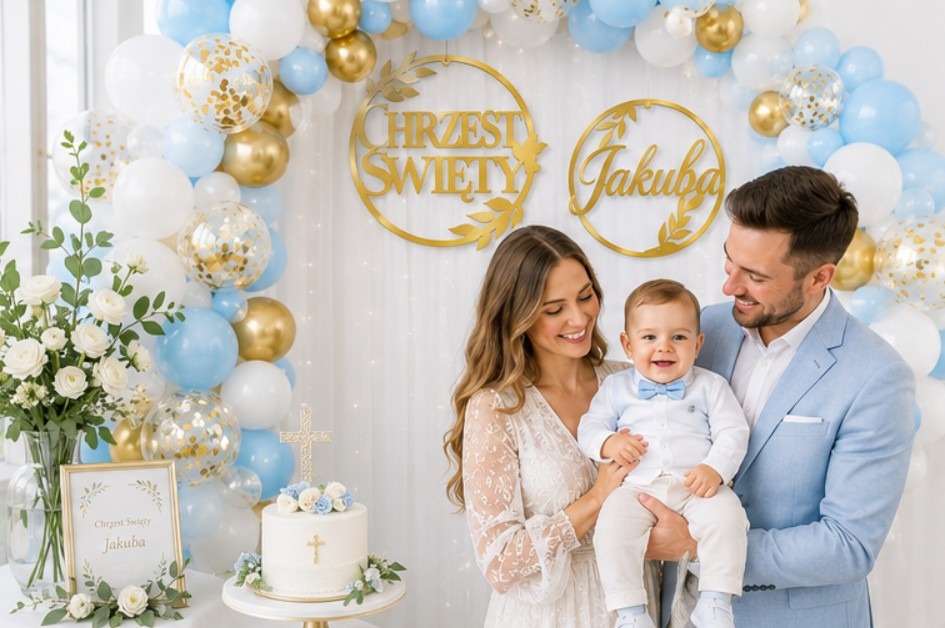 GIRLANDA NA CHRZEST NIEBIESKA IMIĘ ZŁOTE KOŁA - obrazek 6