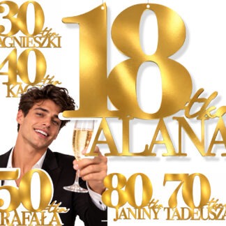 DEKORACJA napis 18, 30, 40, 50, 60, 70, 80 URODZINY IMIĘ ZŁOTE