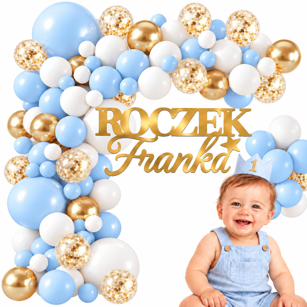 GIRLANDA ŚCIANKA NA ROCZEK NIEBIESKA IMIĘ ZŁOTY BANER GWIAZDKA